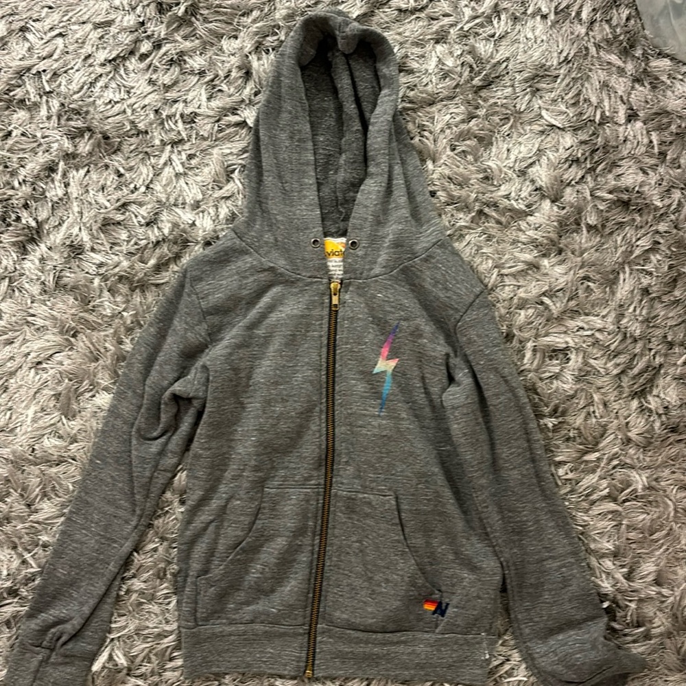 Aviator Nation Kids Bolt Print Zip Hoodie Heather/Rainbow Pink